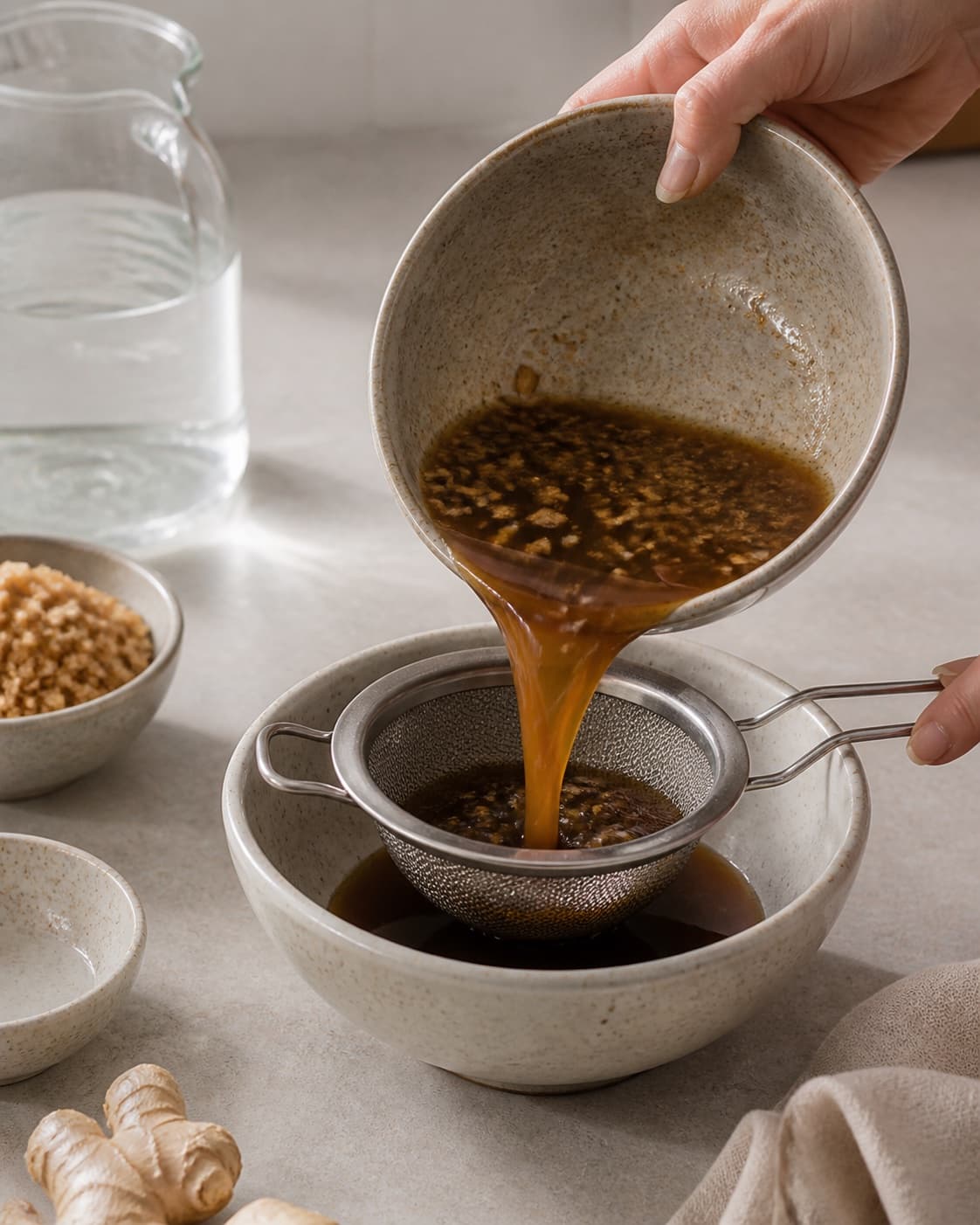 One single photorealistic instructional frame of the cooked sauce being blended or strained smooth for Spicy Ginger Syrup - En perfekt ledsager til latte og chai, featuring frisk ingefær, brun farin, vand, with only the named equipment and no unrelated food, text, logos or packaging under tilberedningen af spicy ginger syrup - en perfekt ledsager til latte og chai