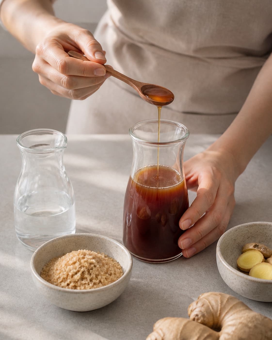 One single photorealistic instructional frame of the sauce consistency and seasoning being checked for Spicy Ginger Syrup - En perfekt ledsager til latte og chai, featuring frisk ingefær, brun farin, vand, with only the named equipment and no unrelated food, text, logos or packaging under tilberedningen af spicy ginger syrup - en perfekt ledsager til latte og chai