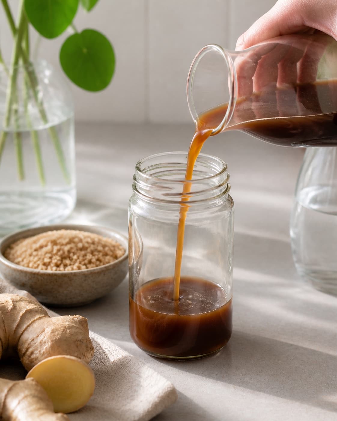 One single photorealistic instructional frame of the finished sauce being transferred into one clean jar for Spicy Ginger Syrup - En perfekt ledsager til latte og chai, featuring frisk ingefær, brun farin, vand, with only the named equipment and no unrelated food, text, logos or packaging under tilberedningen af spicy ginger syrup - en perfekt ledsager til latte og chai