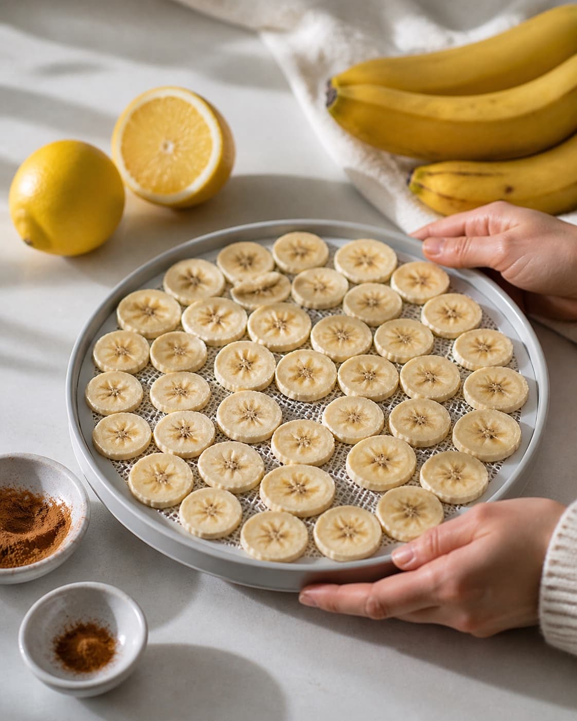One single photorealistic instructional frame of the main ingredient trimmed cut and dried before roasting for Bananchips, featuring bananer, citron, stødt kanel, with only the named equipment and no unrelated food, text, logos or packaging under tilberedningen af bananchips