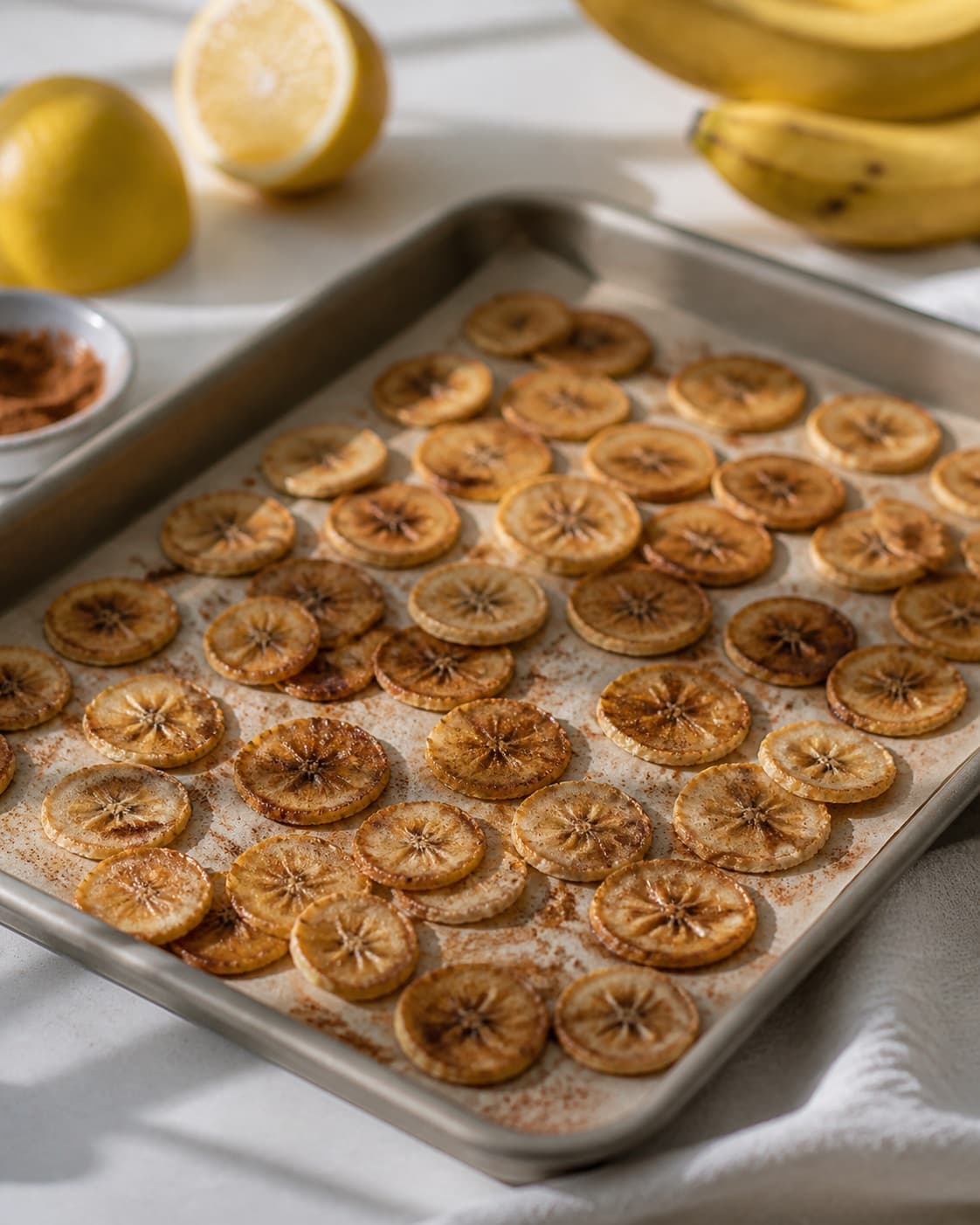 One single photorealistic instructional frame of the seasoned main ingredient roasting until properly cooked for Bananchips, featuring bananer, citron, stødt kanel, with only the named equipment and no unrelated food, text, logos or packaging under tilberedningen af bananchips