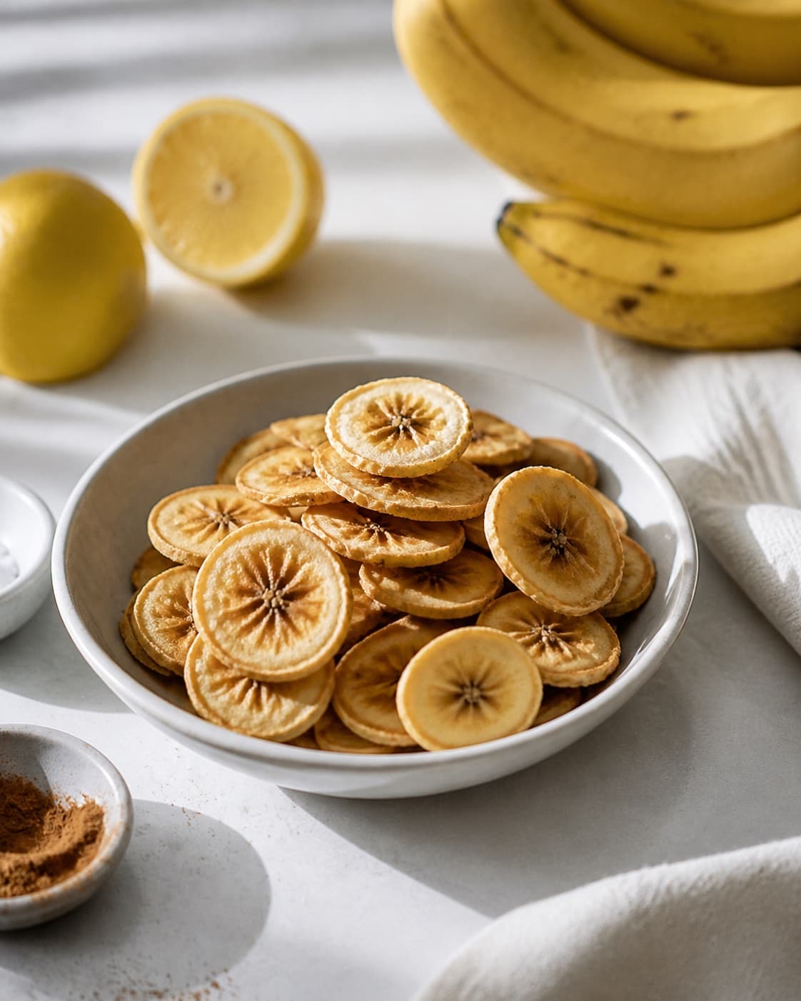 One single photorealistic instructional frame of the finished roasted dish portioned on one serving platter for Bananchips, featuring bananer, citron, stødt kanel, with only the named equipment and no unrelated food, text, logos or packaging under tilberedningen af bananchips