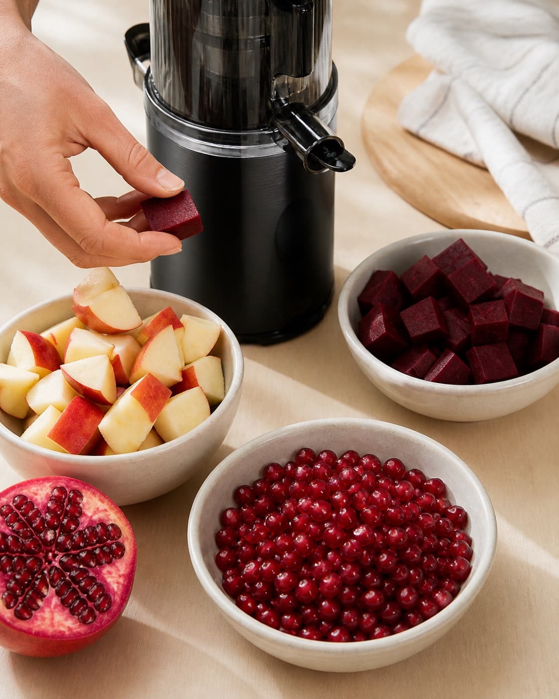 One single photorealistic instructional frame of the produce cut into juicer-size pieces for Granatæble juice med power, featuring granatæblekerner, æbler, rødbede, with only the named equipment and no unrelated food, text, logos or packaging under tilberedningen af granatæble juice med power