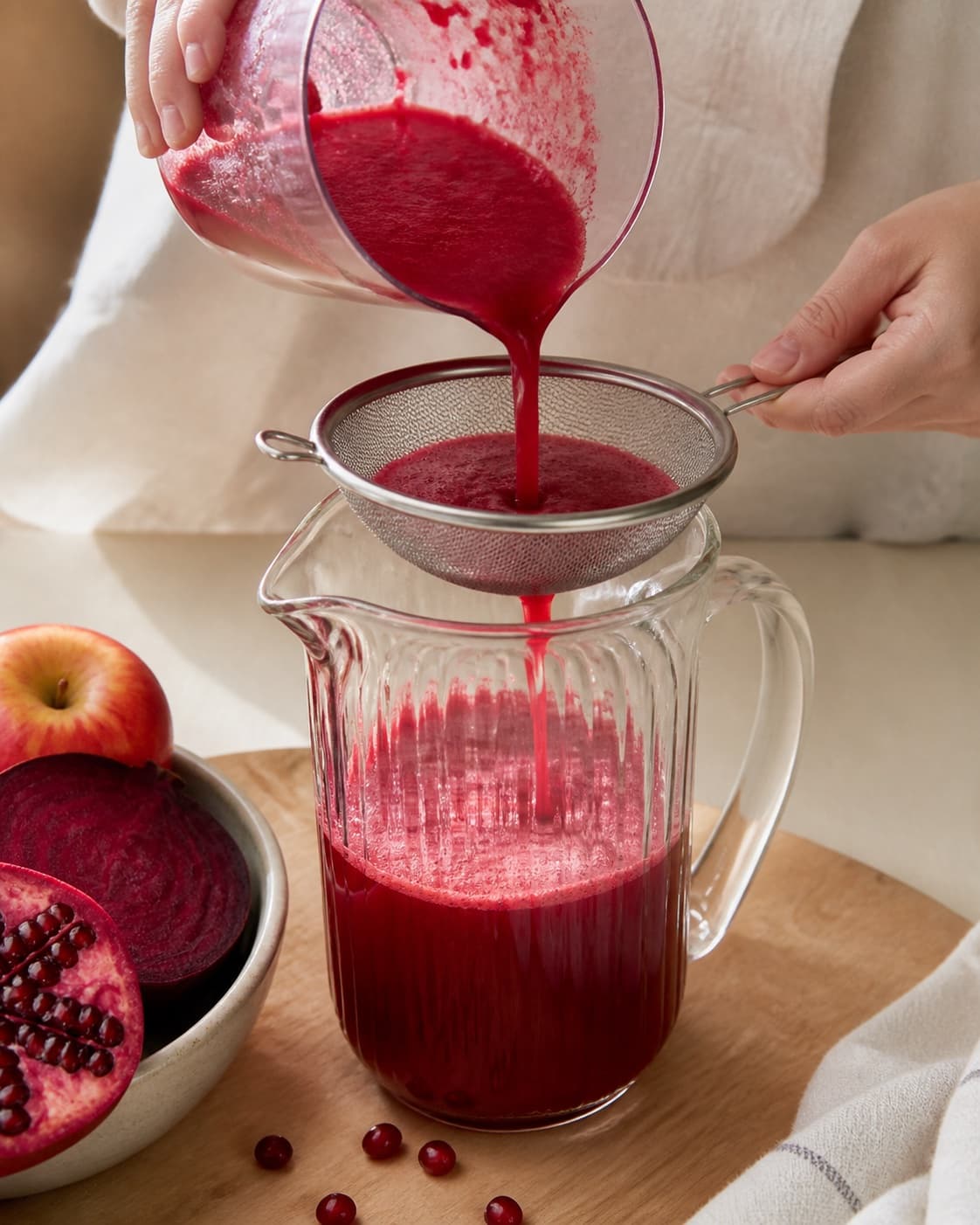 One single photorealistic instructional frame of fresh juice being strained into one jug for Granatæble juice med power, featuring granatæblekerner, æbler, rødbede, with only the named equipment and no unrelated food, text, logos or packaging under tilberedningen af granatæble juice med power
