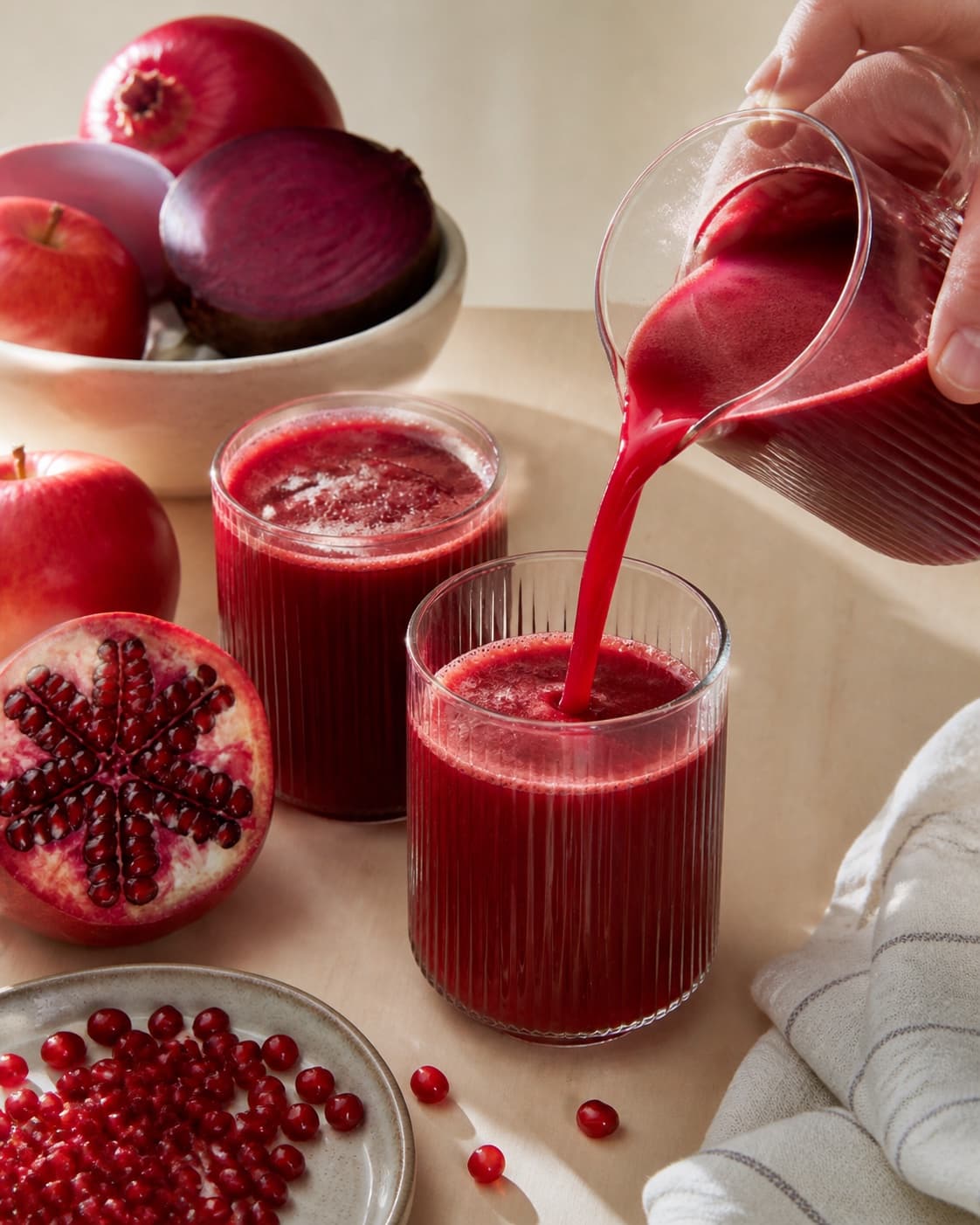 One single photorealistic instructional frame of the finished bright juice in clean chilled glasses for Granatæble juice med power, featuring granatæblekerner, æbler, rødbede, with only the named equipment and no unrelated food, text, logos or packaging under tilberedningen af granatæble juice med power