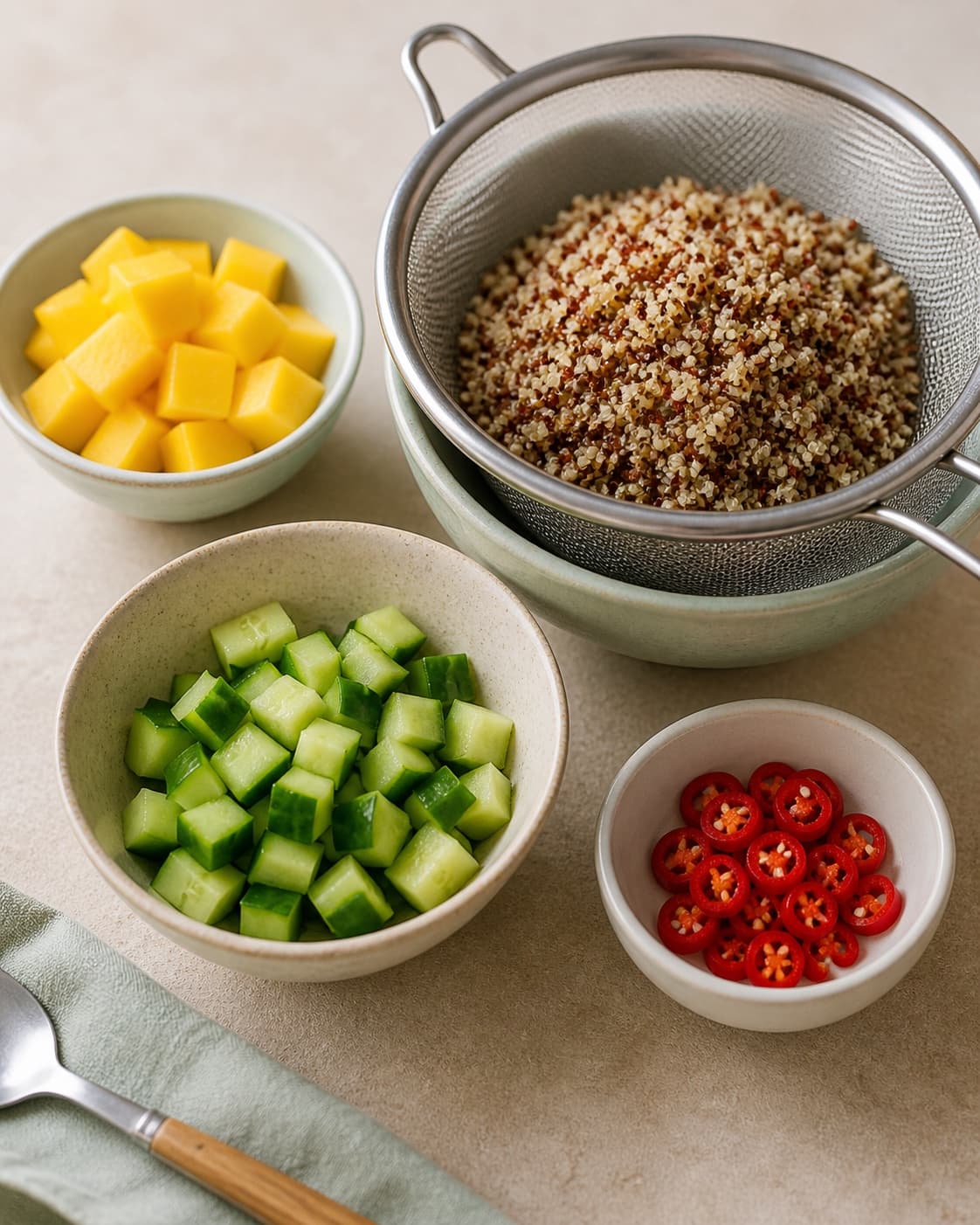 One single photorealistic instructional frame of washed and evenly cut raw ingredients arranged in separate bowls for Quinoa salat med mango og chili, featuring quinoa, mango, rød chili, with only the named equipment and no unrelated food, text, logos or packaging under tilberedningen af quinoa salat med mango og chili
