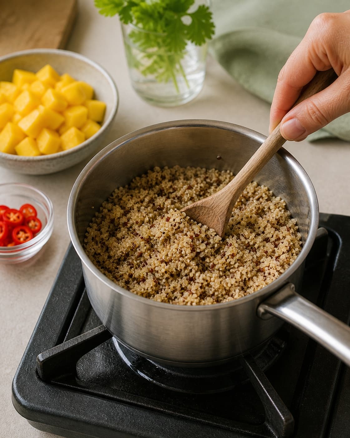 Quinoa gently simmering in one saucepan until fluffy, with mango kept fresh and separate, no oven or roasting tray under tilberedningen af quinoa salat med mango og chili