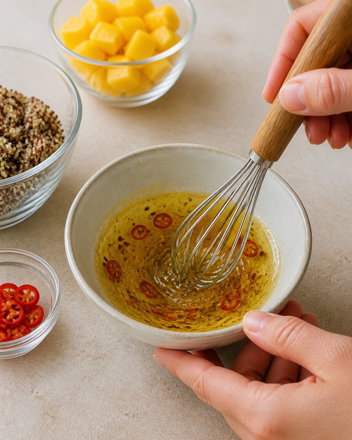 One single photorealistic instructional frame of a glossy dressing being whisked in one small bowl for Quinoa salat med mango og chili, featuring quinoa, mango, rød chili, with only the named equipment and no unrelated food, text, logos or packaging under tilberedningen af quinoa salat med mango og chili