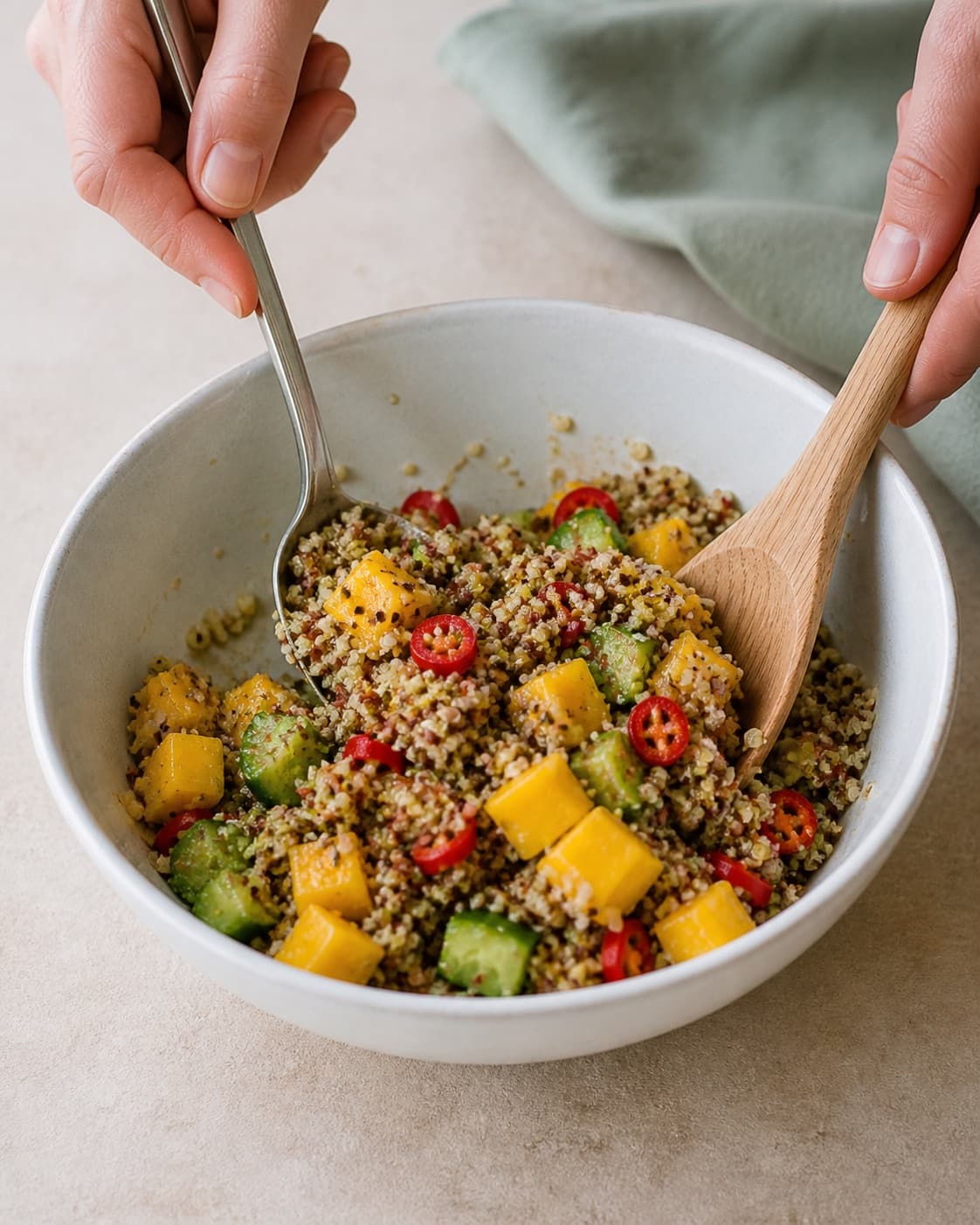 One single photorealistic instructional frame of the prepared salad components being gently tossed together for Quinoa salat med mango og chili, featuring quinoa, mango, rød chili, with only the named equipment and no unrelated food, text, logos or packaging under tilberedningen af quinoa salat med mango og chili