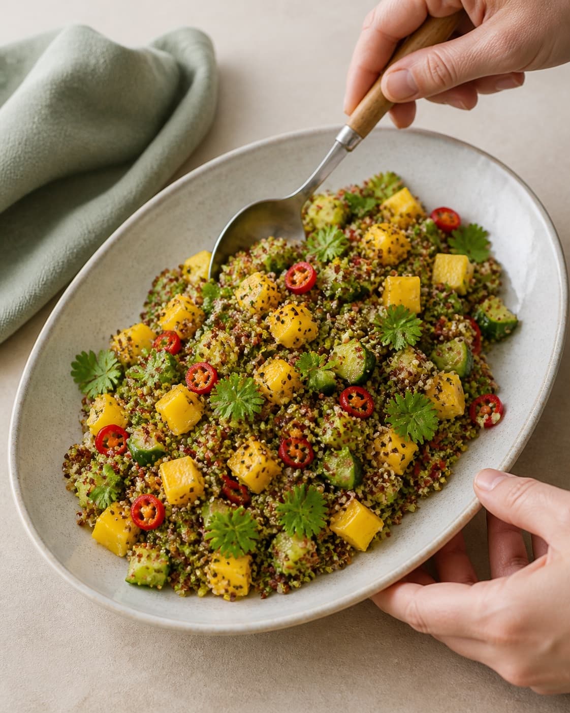 One single photorealistic instructional frame of the finished salad arranged loosely on one serving platter for Quinoa salat med mango og chili, featuring quinoa, mango, rød chili, with only the named equipment and no unrelated food, text, logos or packaging under tilberedningen af quinoa salat med mango og chili