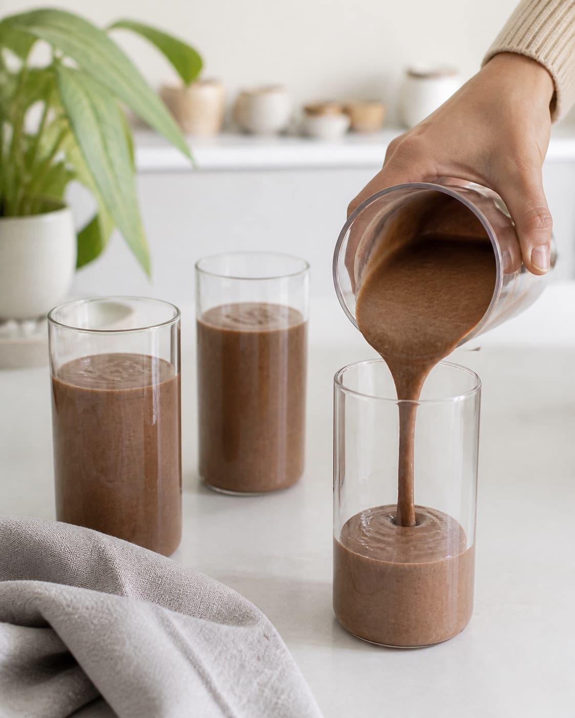 One single photorealistic instructional frame of the finished smoothie poured into clean chilled glasses or bowls for Sund Chokolade Smoothie, featuring banan, kakaopulver, avocado, with only the named equipment and no unrelated food, text, logos or packaging under tilberedningen af sund chokolade smoothie