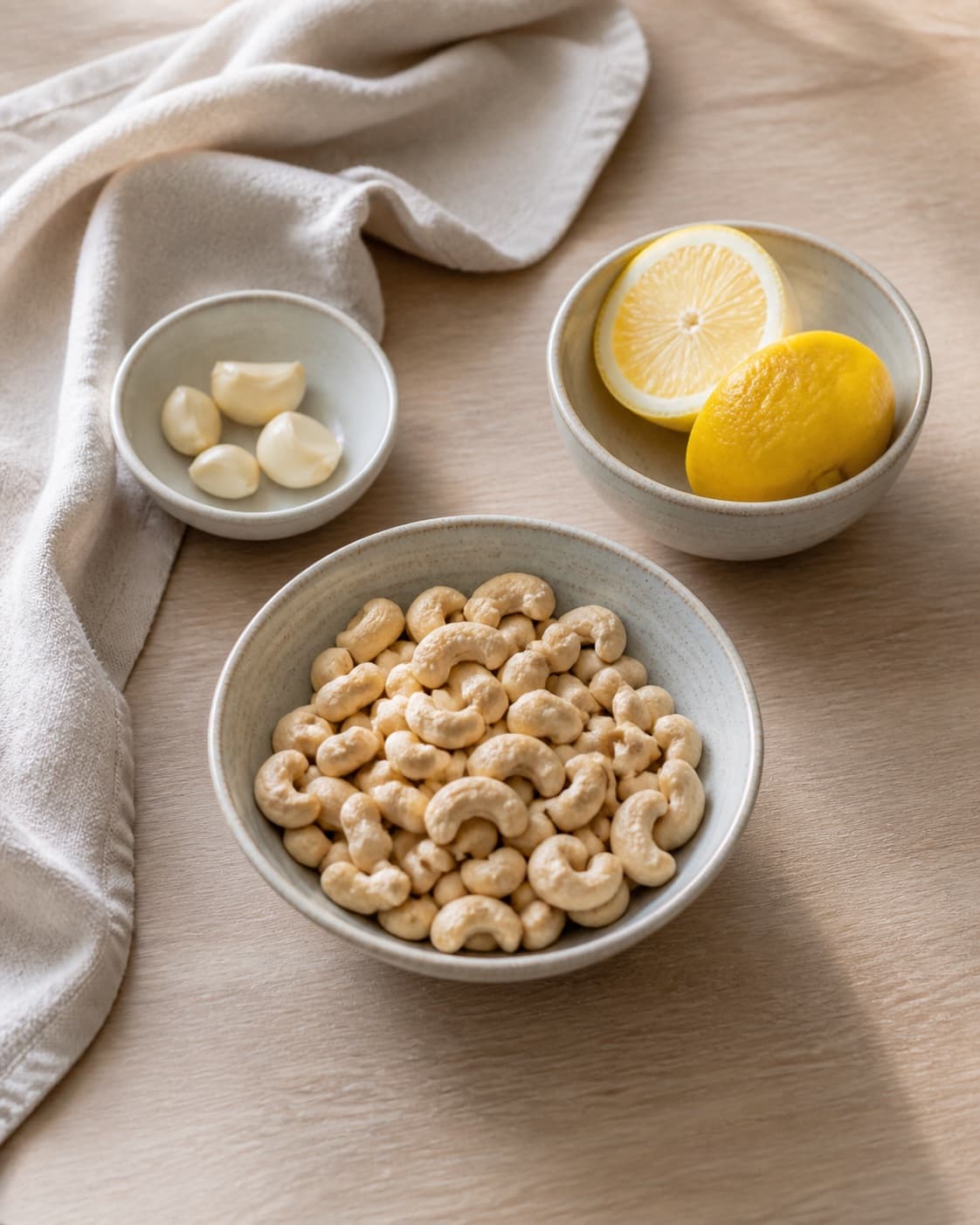 One single photorealistic instructional frame of the dip ingredients measured in separate small bowls for Cashewnød dip, featuring cashewnødder, citron, hvidløg, with only the named equipment and no unrelated food, text, logos or packaging under tilberedningen af cashewnød dip