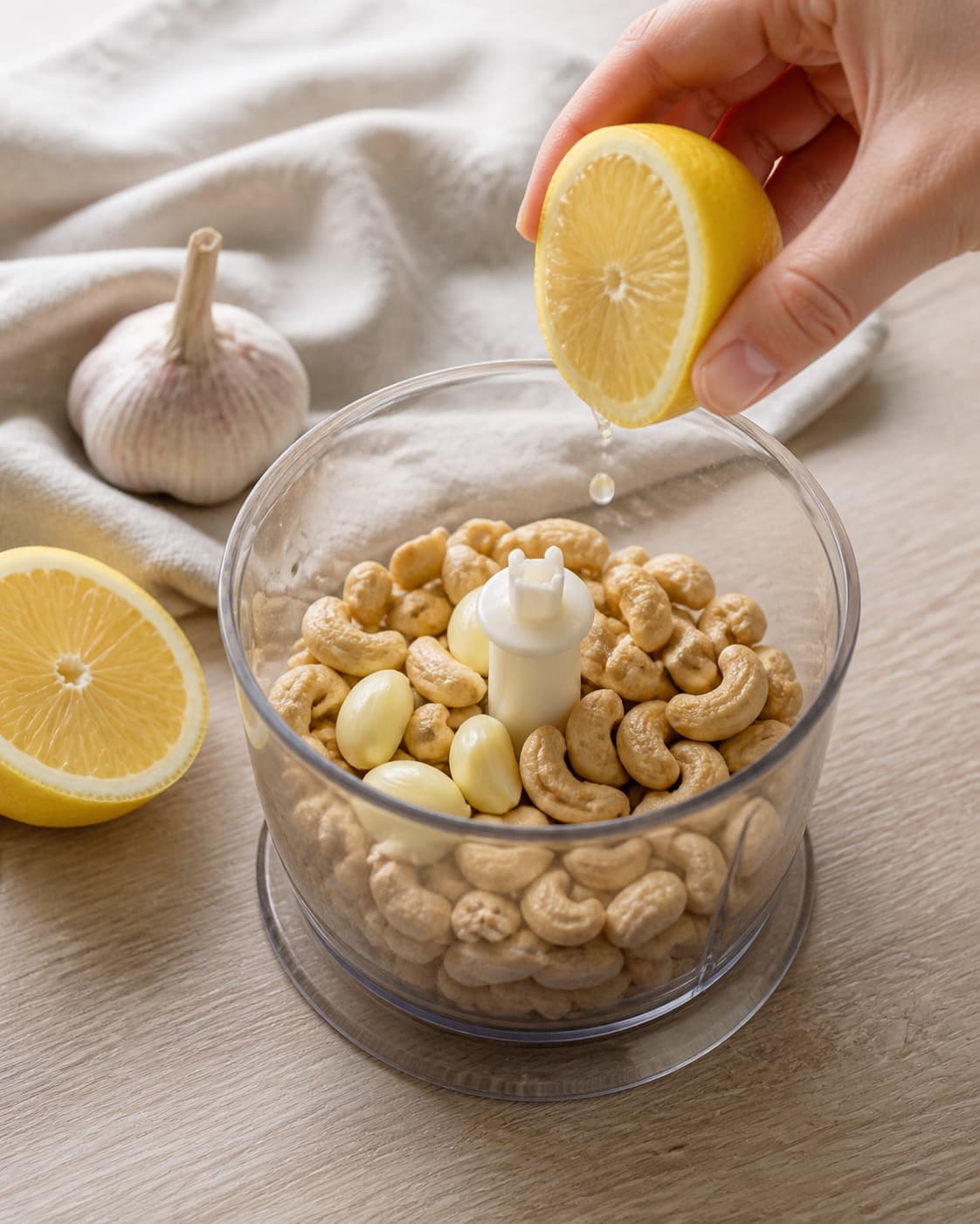 One single photorealistic instructional frame of the recipe-specific flavor elements being prepared for Cashewnød dip, featuring cashewnødder, citron, hvidløg, with only the named equipment and no unrelated food, text, logos or packaging under tilberedningen af cashewnød dip