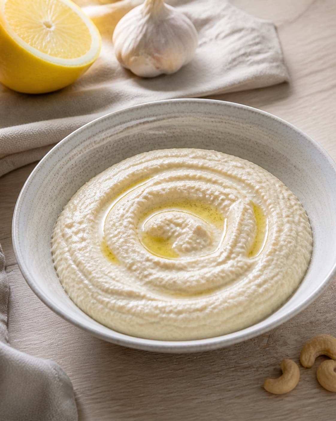One single photorealistic instructional frame of the completed dip in one clean bowl after chilling for Cashewnød dip, featuring cashewnødder, citron, hvidløg, with only the named equipment and no unrelated food, text, logos or packaging under tilberedningen af cashewnød dip