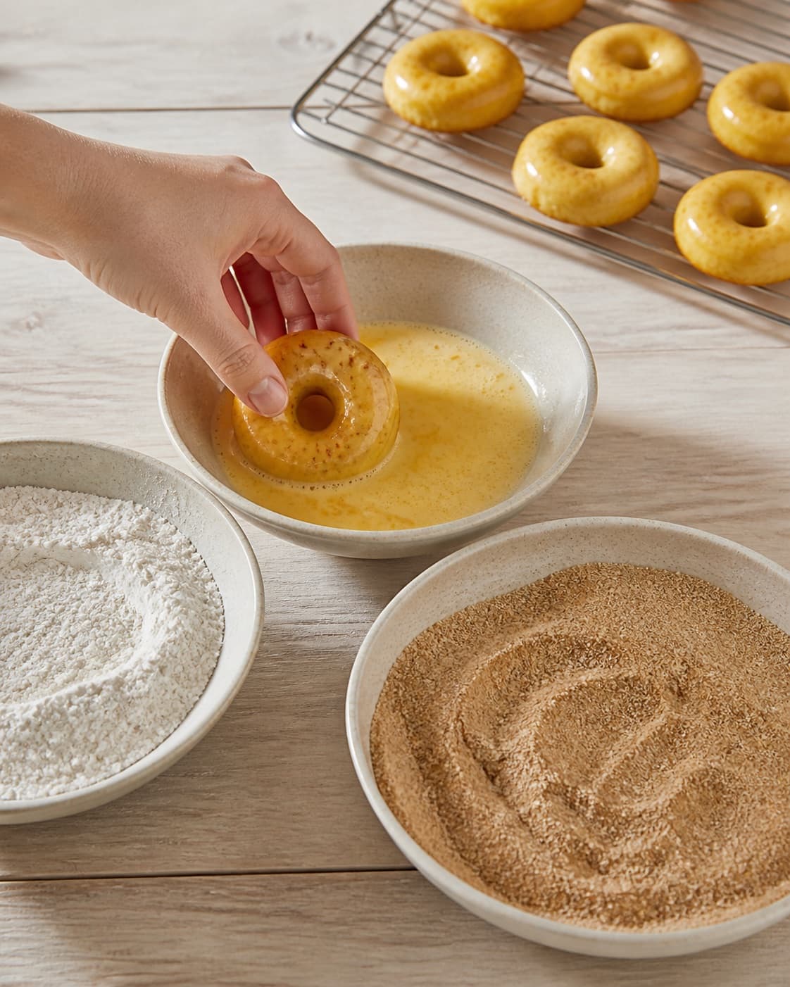 One single photorealistic instructional frame of a clear breading station with flour egg and crumbs for Mini donuts med safran, featuring hvedemel, æg, mælk, with only the named equipment and no unrelated food, text, logos or packaging under tilberedningen af mini donuts med safran