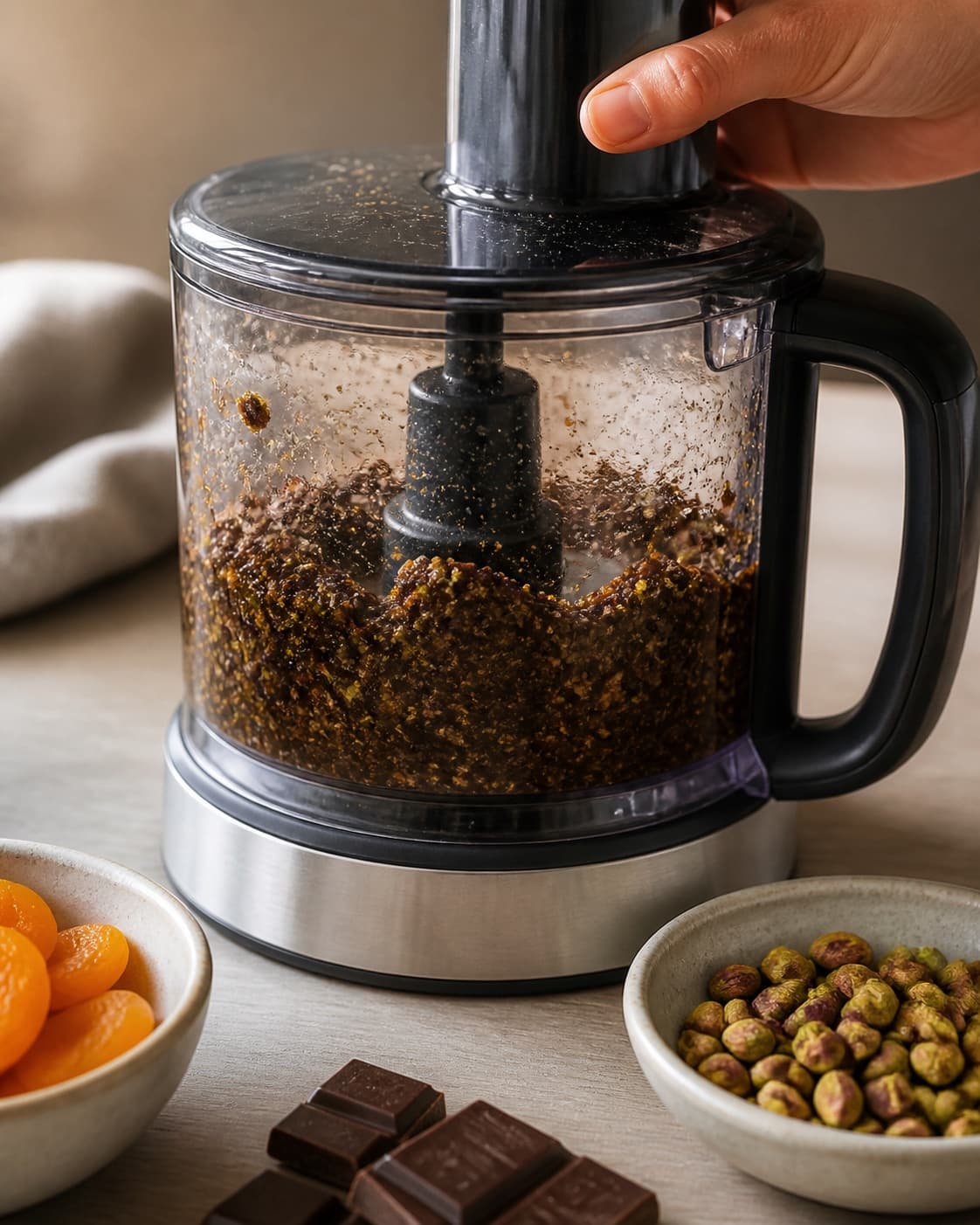 One single photorealistic instructional frame of the confection base becoming cohesive in one food processor for Abrikoser dyppet i chokolade, featuring tørrede abrikoser, mørk chokolade, pistacienødder, with only the named equipment and no unrelated food, text, logos or packaging under tilberedningen af abrikoser dyppet i chokolade