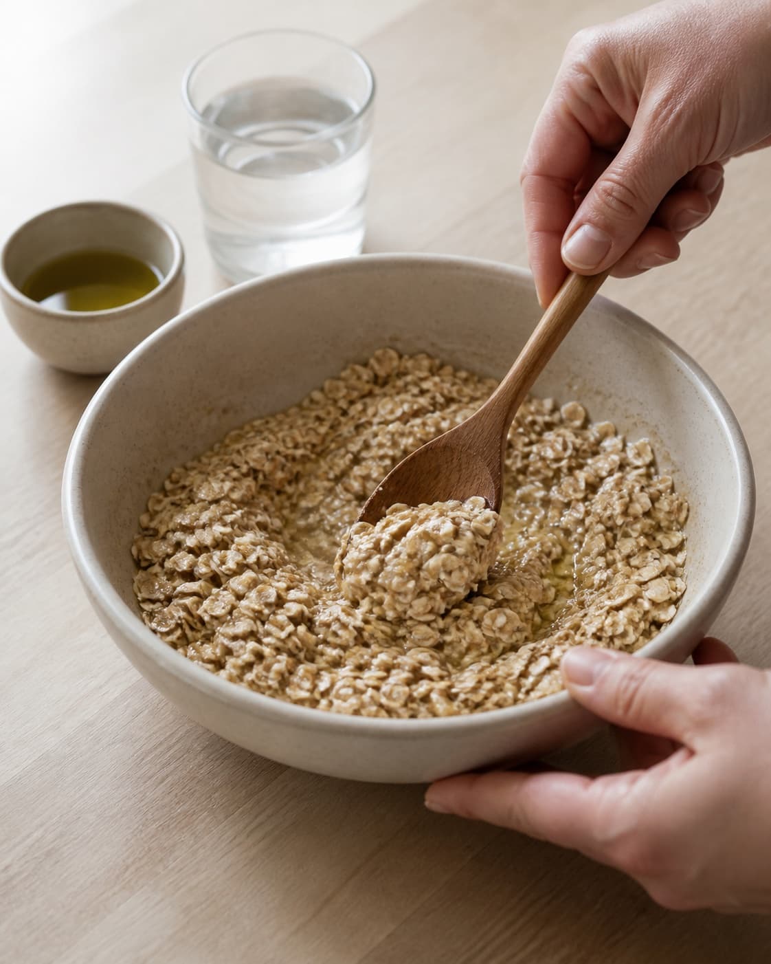 One single photorealistic instructional frame of the main ingredient being evenly coated with seasoning for Havregrødschips, featuring havregryn, vand, olivenolie, with only the named equipment and no unrelated food, text, logos or packaging under tilberedningen af havregrødschips