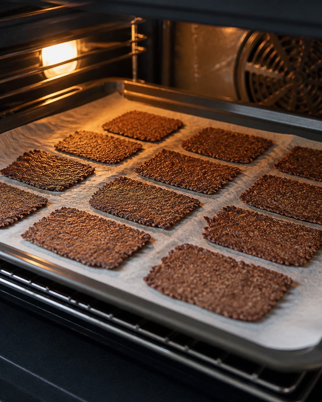 One single photorealistic instructional frame of the seasoned main ingredient roasting until properly cooked for Havregrødschips, featuring havregryn, vand, olivenolie, with only the named equipment and no unrelated food, text, logos or packaging under tilberedningen af havregrødschips