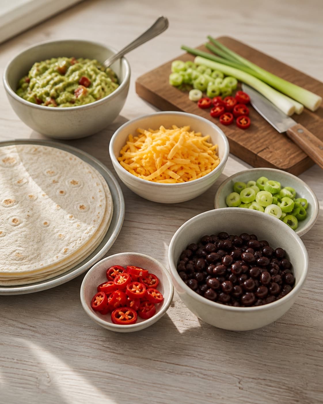 One single photorealistic instructional frame of fresh wrap fillings and sauce prepared separately for Quesadillas med Chili, featuring tortillas, cheddar, rød chili, with only the named equipment and no unrelated food, text, logos or packaging under tilberedningen af quesadillas med chili