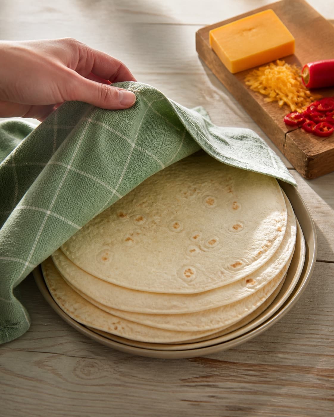 One single photorealistic instructional frame of soft flexible flatbreads warming under one cloth for Quesadillas med Chili, featuring tortillas, cheddar, rød chili, with only the named equipment and no unrelated food, text, logos or packaging under tilberedningen af quesadillas med chili