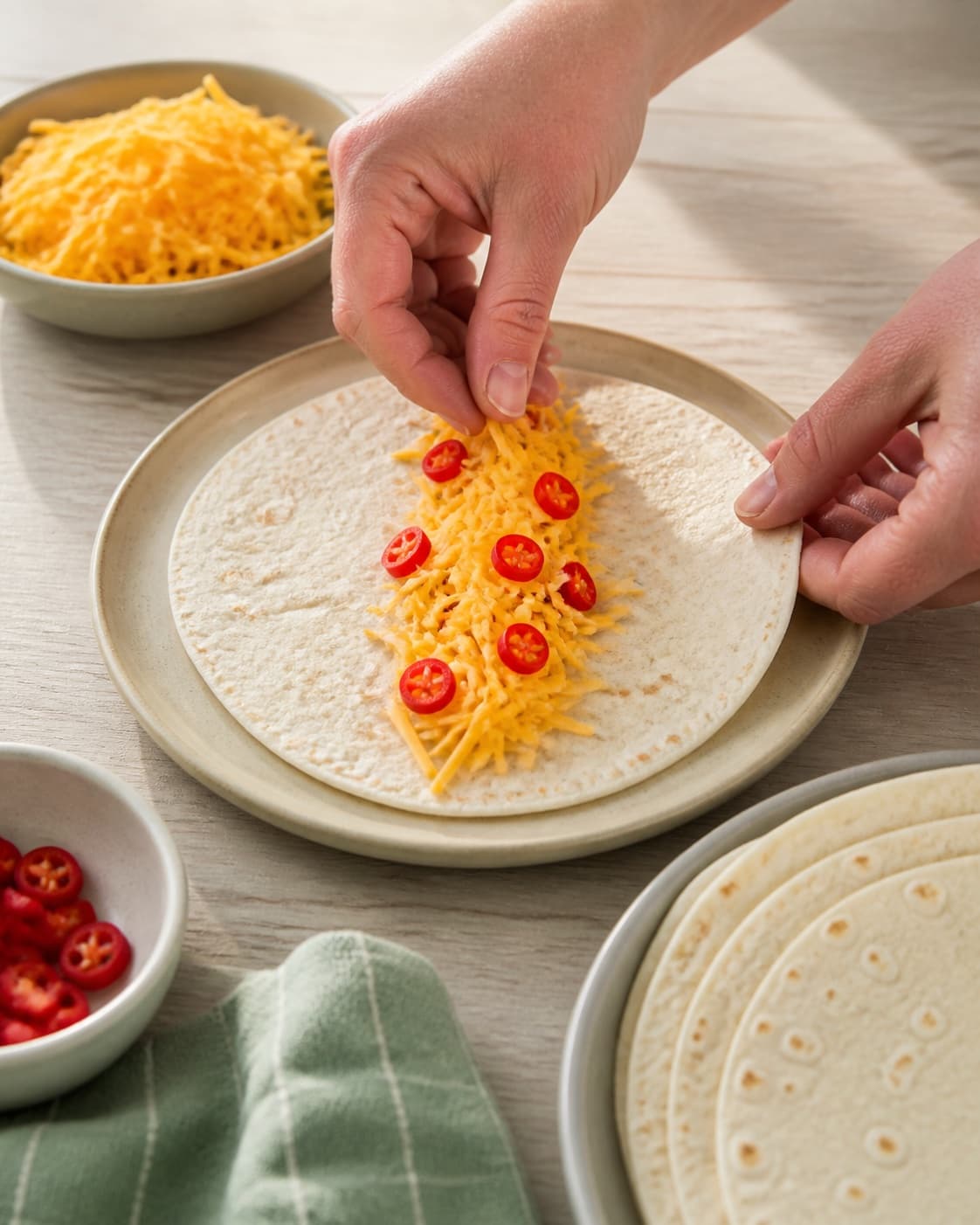 One single photorealistic instructional frame of realistic hands arranging filling down the center of one wrap for Quesadillas med Chili, featuring tortillas, cheddar, rød chili, with only the named equipment and no unrelated food, text, logos or packaging under tilberedningen af quesadillas med chili