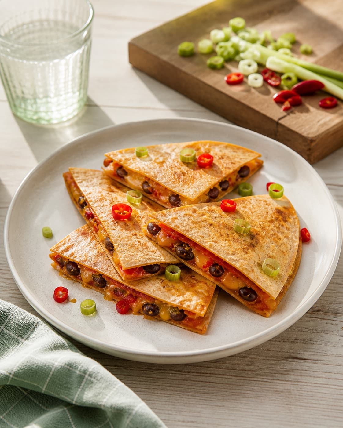 One single photorealistic instructional frame of completed wraps cut cleanly and arranged on one platter for Quesadillas med Chili, featuring tortillas, cheddar, rød chili, with only the named equipment and no unrelated food, text, logos or packaging under tilberedningen af quesadillas med chili