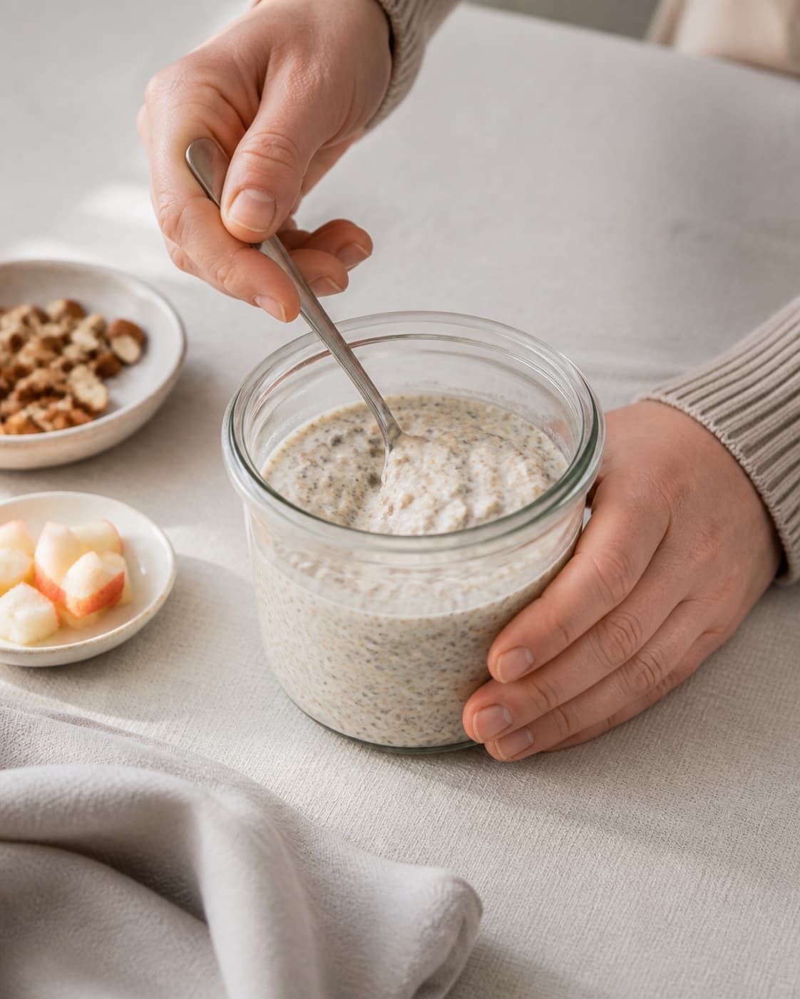 Cold overnight oats being mixed in one jar or bowl, no stove, saucepan, steam or cooking under tilberedningen af køleskabsgrød