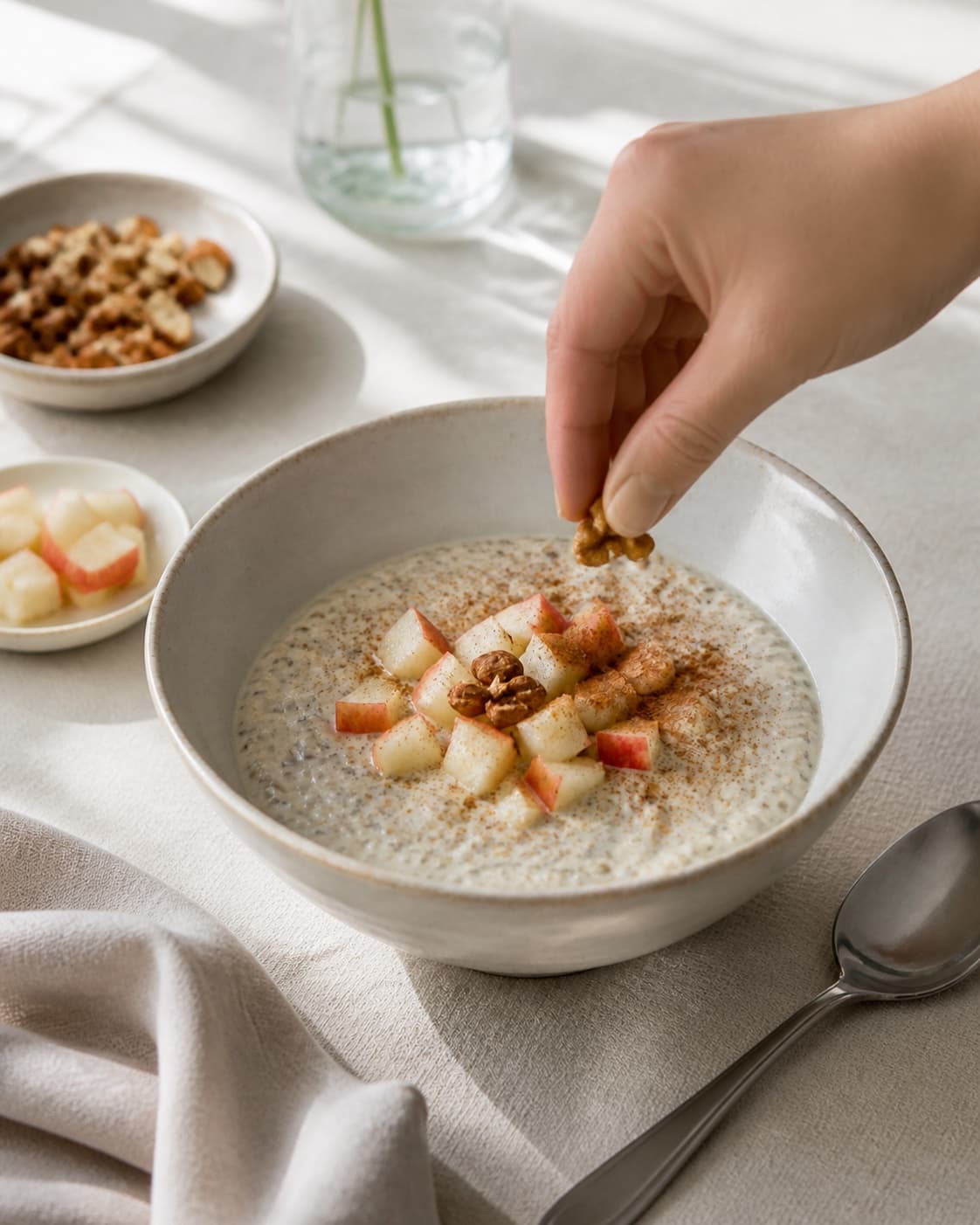 One single photorealistic instructional frame of finished breakfast bowls topped with the named fruit and garnish for Køleskabsgrød, featuring havregryn, mælk, chiafrø, with only the named equipment and no unrelated food, text, logos or packaging under tilberedningen af køleskabsgrød