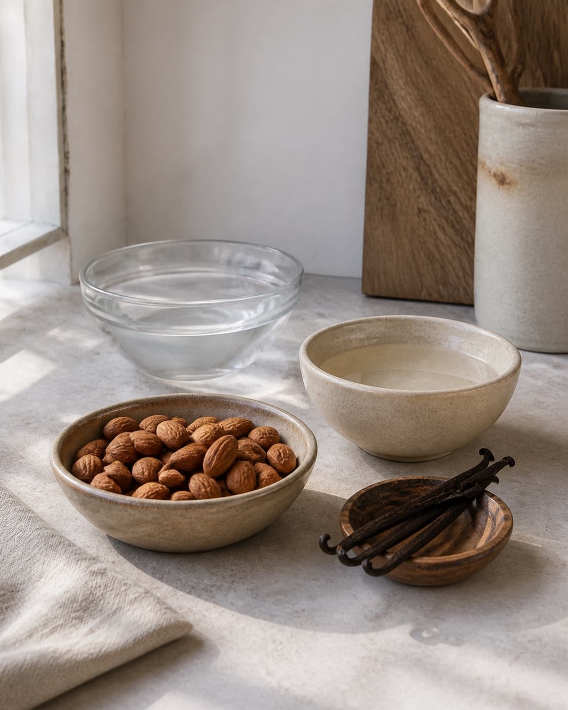 One single photorealistic instructional frame of sauce ingredients prepared in separate bowls for Hjemmelavet mandelmælk, featuring mandler, vand, vanilje, with only the named equipment and no unrelated food, text, logos or packaging under tilberedningen af hjemmelavet mandelmælk