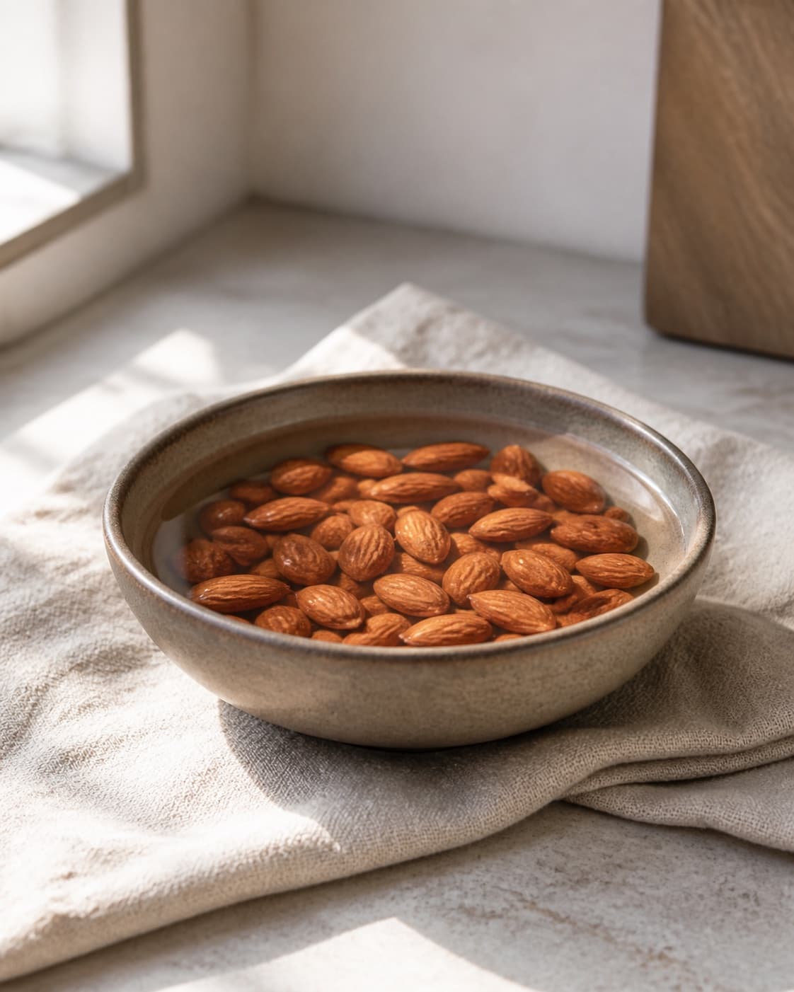 Raw almonds soaking in clear cold water in one bowl, no boiling saucepan or steam under tilberedningen af hjemmelavet mandelmælk