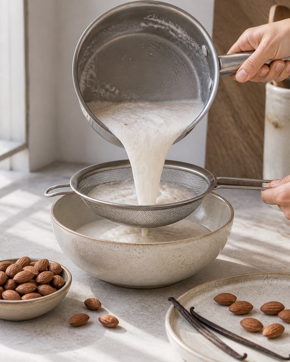 One single photorealistic instructional frame of the cooked sauce being blended or strained smooth for Hjemmelavet mandelmælk, featuring mandler, vand, vanilje, with only the named equipment and no unrelated food, text, logos or packaging under tilberedningen af hjemmelavet mandelmælk