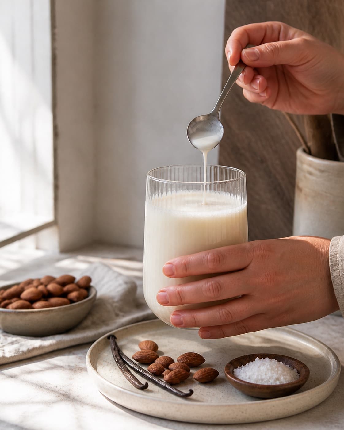 One single photorealistic instructional frame of the sauce consistency and seasoning being checked for Hjemmelavet mandelmælk, featuring mandler, vand, vanilje, with only the named equipment and no unrelated food, text, logos or packaging under tilberedningen af hjemmelavet mandelmælk