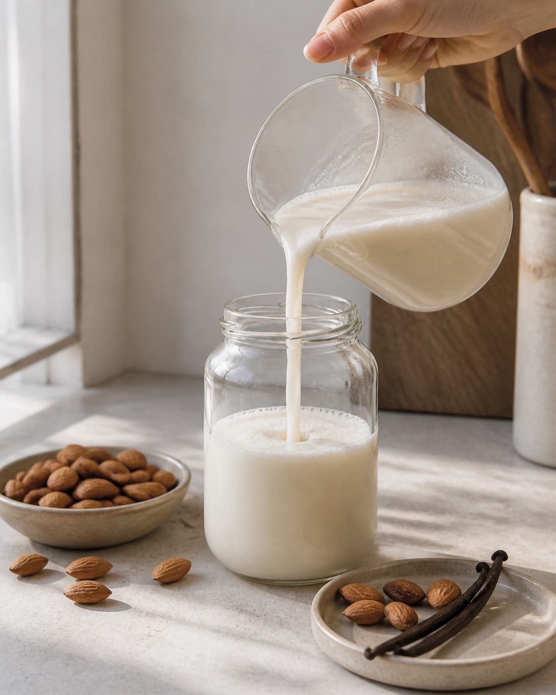One single photorealistic instructional frame of the finished sauce being transferred into one clean jar for Hjemmelavet mandelmælk, featuring mandler, vand, vanilje, with only the named equipment and no unrelated food, text, logos or packaging under tilberedningen af hjemmelavet mandelmælk
