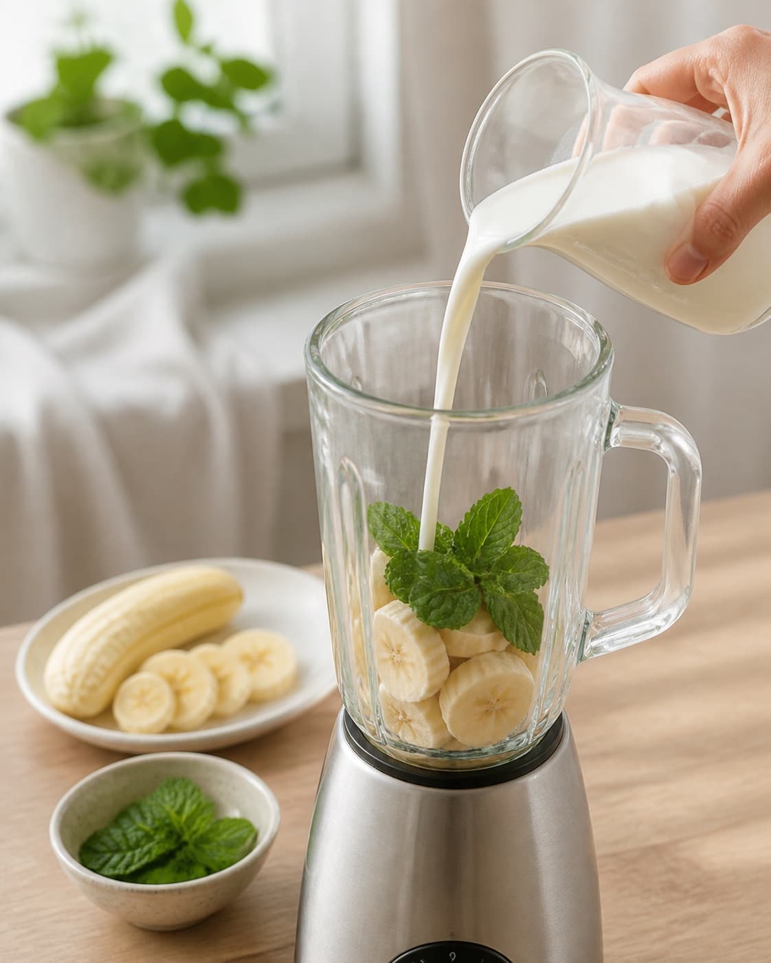 One single photorealistic instructional frame of prepared fruit and measured liquid beside one blender for Banan & mynte shake, featuring banan, frisk mynte, mælk, with only the named equipment and no unrelated food, text, logos or packaging under tilberedningen af banan & mynte shake