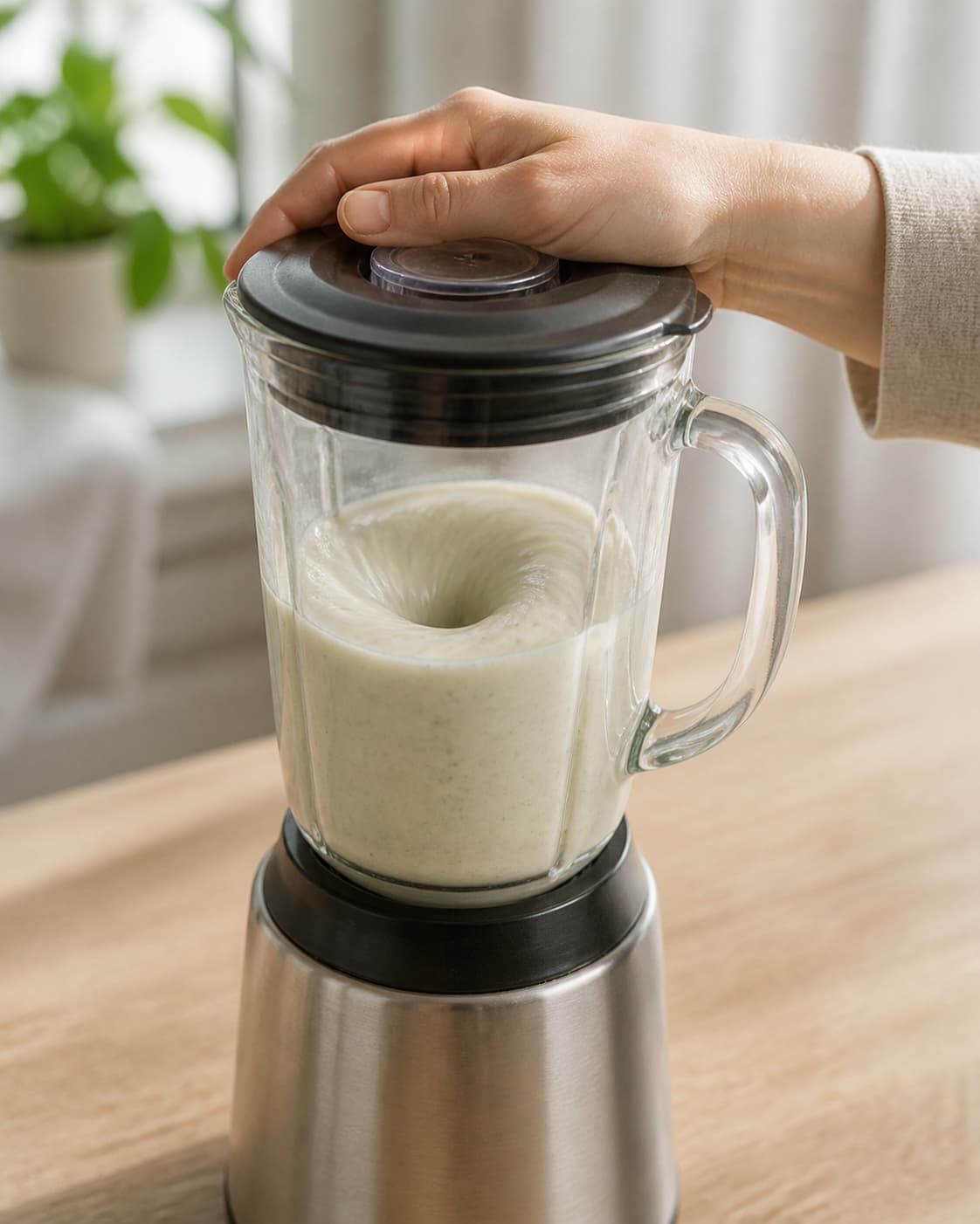 One single photorealistic instructional frame of a smooth pale base swirling inside one blender for Banan & mynte shake, featuring banan, frisk mynte, mælk, with only the named equipment and no unrelated food, text, logos or packaging under tilberedningen af banan & mynte shake
