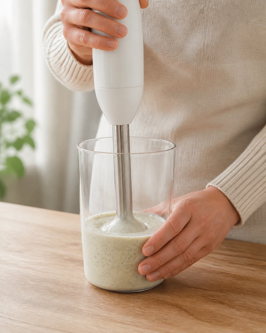One single photorealistic instructional frame of the final colorful smoothie blending until thick and uniform for Banan & mynte shake, featuring banan, frisk mynte, mælk, with only the named equipment and no unrelated food, text, logos or packaging under tilberedningen af banan & mynte shake