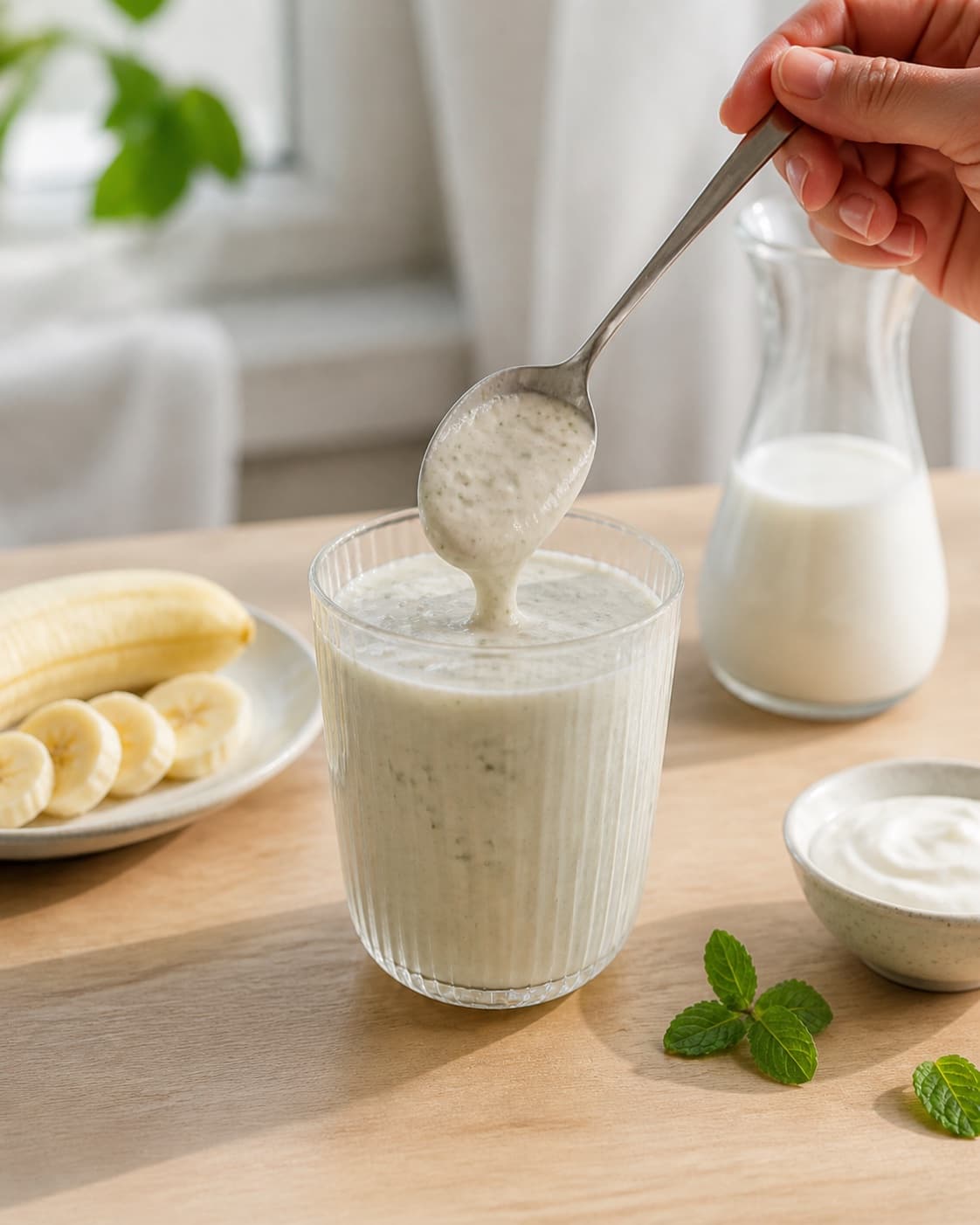 One single photorealistic instructional frame of one spoon checking the thick smoothie consistency for Banan & mynte shake, featuring banan, frisk mynte, mælk, with only the named equipment and no unrelated food, text, logos or packaging under tilberedningen af banan & mynte shake