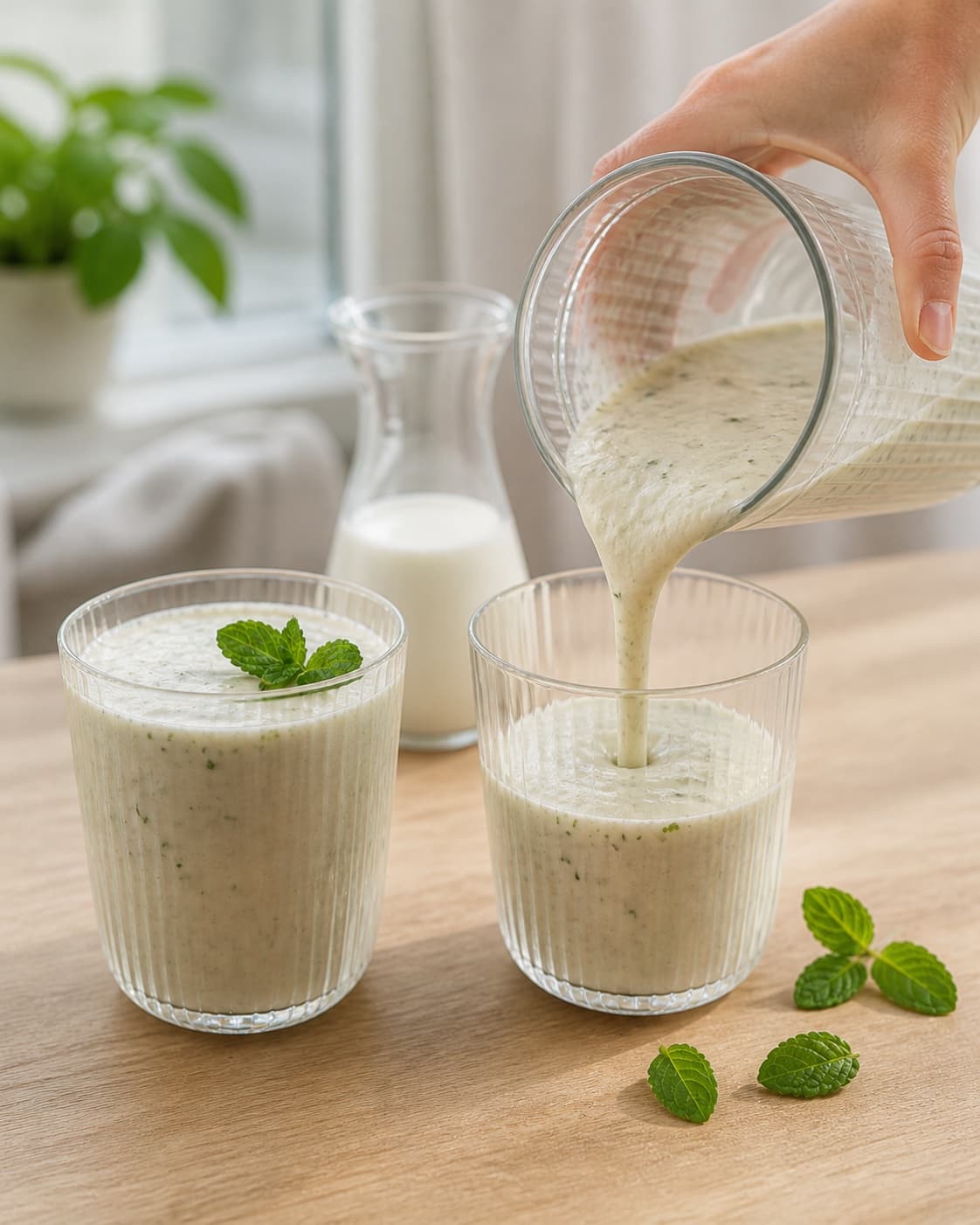 One single photorealistic instructional frame of the finished smoothie poured into clean chilled glasses or bowls for Banan & mynte shake, featuring banan, frisk mynte, mælk, with only the named equipment and no unrelated food, text, logos or packaging under tilberedningen af banan & mynte shake
