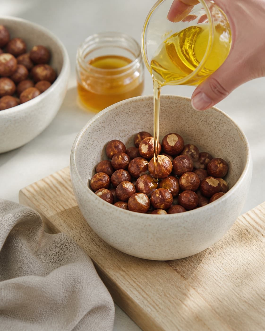 One single photorealistic instructional frame of the recipe-specific flavor elements being prepared for Hasselnøddesmør, featuring hasselnødder, rapsolie, honning, with only the named equipment and no unrelated food, text, logos or packaging under tilberedningen af hasselnøddesmør