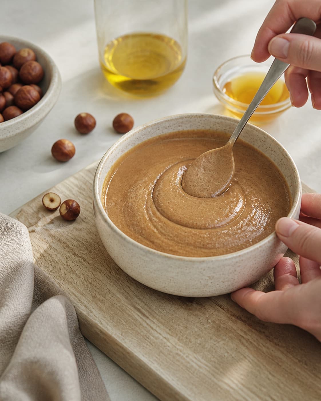 One single photorealistic instructional frame of the dip blending into a smooth cohesive texture for Hasselnøddesmør, featuring hasselnødder, rapsolie, honning, with only the named equipment and no unrelated food, text, logos or packaging under tilberedningen af hasselnøddesmør