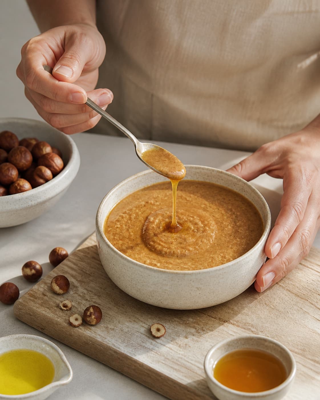 One single photorealistic instructional frame of one bowl of finished dip being tasted and adjusted for Hasselnøddesmør, featuring hasselnødder, rapsolie, honning, with only the named equipment and no unrelated food, text, logos or packaging under tilberedningen af hasselnøddesmør