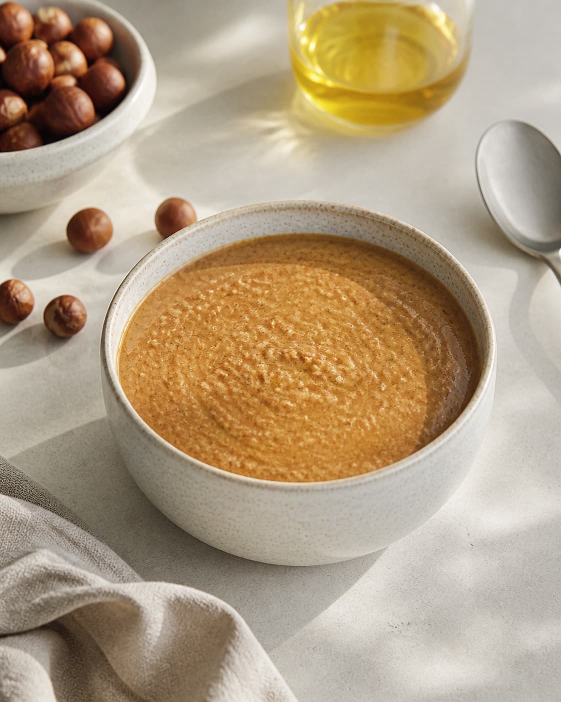 One single photorealistic instructional frame of the completed dip in one clean bowl after chilling for Hasselnøddesmør, featuring hasselnødder, rapsolie, honning, with only the named equipment and no unrelated food, text, logos or packaging under tilberedningen af hasselnøddesmør