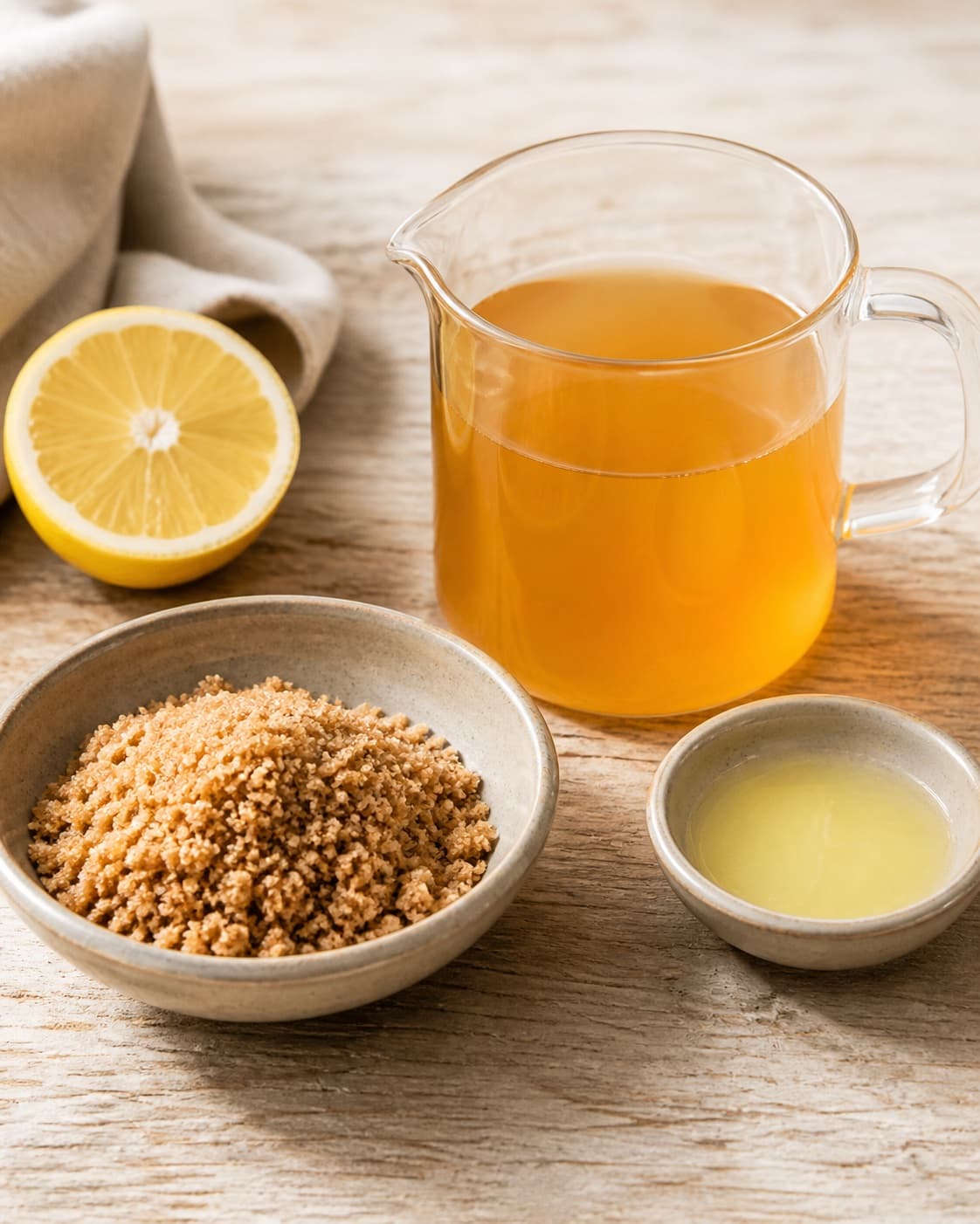 One single photorealistic instructional frame of sauce ingredients prepared in separate bowls for Æblesirup, featuring æblejuice, brun farin, citron, with only the named equipment and no unrelated food, text, logos or packaging under tilberedningen af æblesirup