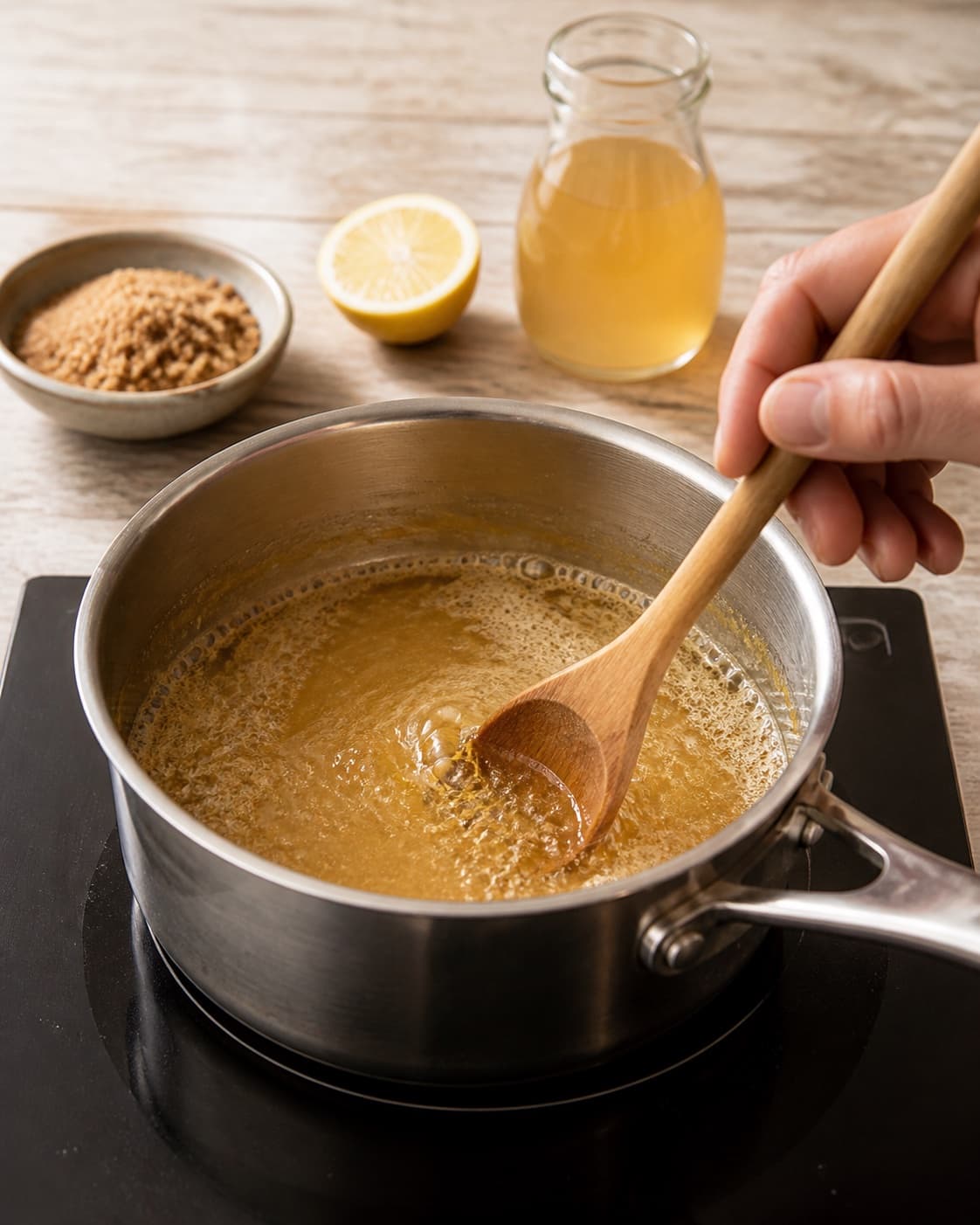 One single photorealistic instructional frame of the sauce base simmering in one saucepan for Æblesirup, featuring æblejuice, brun farin, citron, with only the named equipment and no unrelated food, text, logos or packaging under tilberedningen af æblesirup