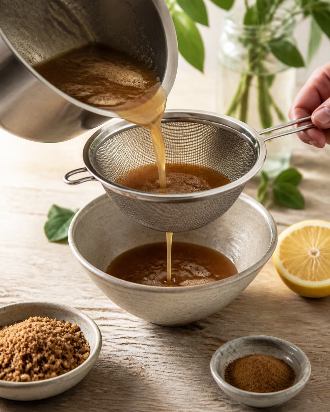 One single photorealistic instructional frame of the cooked sauce being blended or strained smooth for Æblesirup, featuring æblejuice, brun farin, citron, with only the named equipment and no unrelated food, text, logos or packaging under tilberedningen af æblesirup
