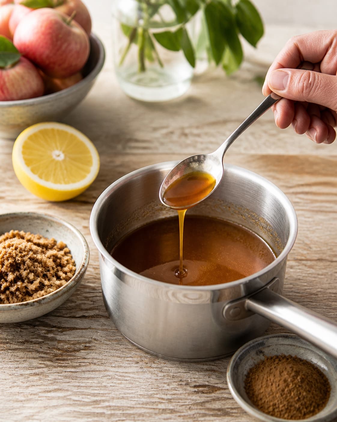 One single photorealistic instructional frame of the sauce consistency and seasoning being checked for Æblesirup, featuring æblejuice, brun farin, citron, with only the named equipment and no unrelated food, text, logos or packaging under tilberedningen af æblesirup