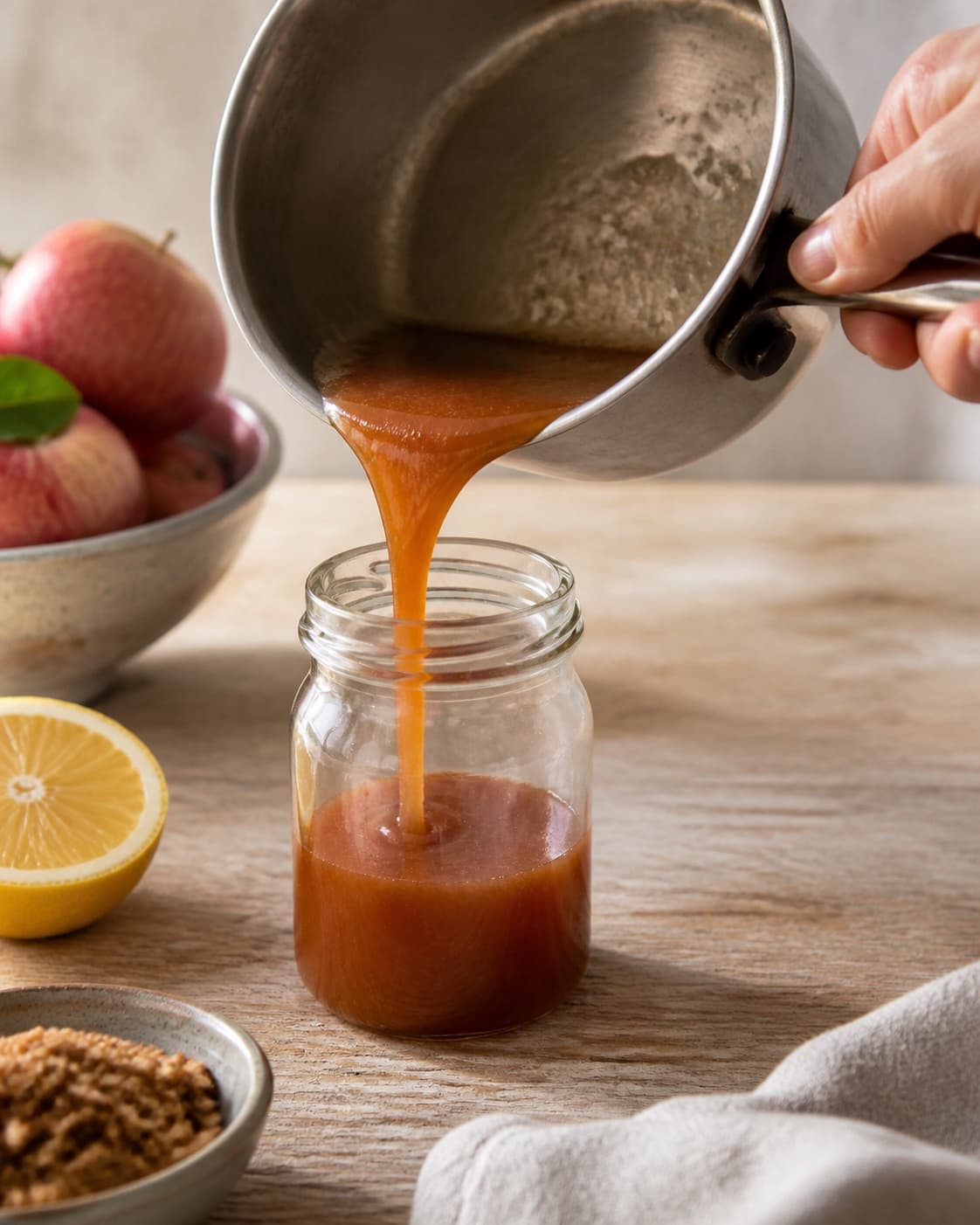 One single photorealistic instructional frame of the finished sauce being transferred into one clean jar for Æblesirup, featuring æblejuice, brun farin, citron, with only the named equipment and no unrelated food, text, logos or packaging under tilberedningen af æblesirup
