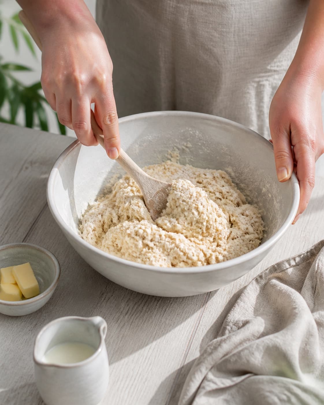 One single photorealistic instructional frame of soft bread dough mixing in one bowl for Scones, featuring hvedemel, smør, mælk, with only the named equipment and no unrelated food, text, logos or packaging under tilberedningen af scones