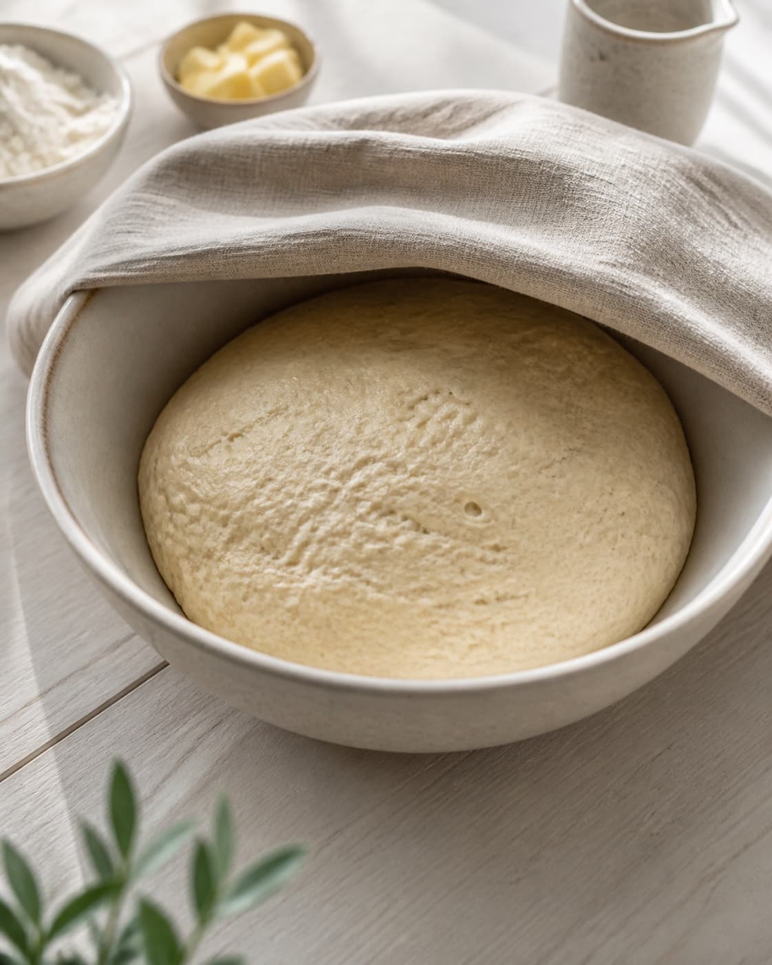 One single photorealistic instructional frame of elastic risen dough in one covered bowl for Scones, featuring hvedemel, smør, mælk, with only the named equipment and no unrelated food, text, logos or packaging under tilberedningen af scones