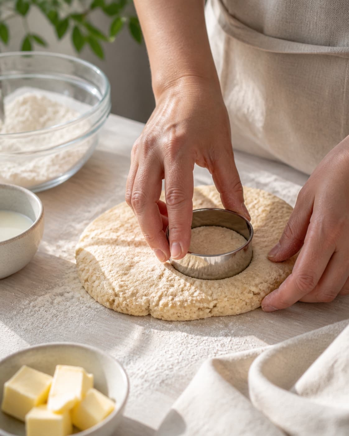 One single photorealistic instructional frame of hands shaping the dough into the recipe-specific form for Scones, featuring hvedemel, smør, mælk, with only the named equipment and no unrelated food, text, logos or packaging under tilberedningen af scones